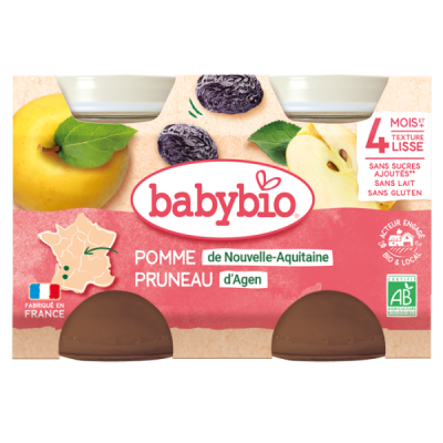BABYBIO - Petit pot pomme pruneau 4 mois + 2x130 g